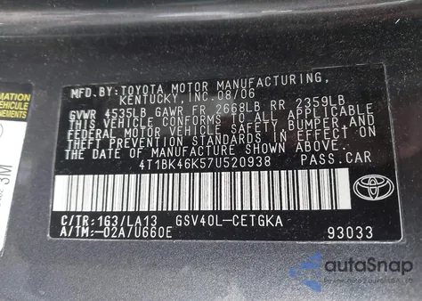 2007 Toyota Camry Xle V6 from USA, damaged, VIN 4T1BK46K57U520938